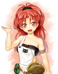 Rule 34 | 1girl, :d, apron, armlet, atelier (series), atelier ayesha, bare shoulders, breasts, female focus, long hair, looking at viewer, marietta muir, onsoku inu, open mouth, ponytail, red eyes, red hair, simple background, small breasts, smile, solo, strap slip, strapless, tube top, wide ponytail