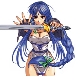 Rule 34 | 1girl, blue hair, braid, breasts, brown eyes, cleavage, cowboy shot, hisahiko, holding, holding sword, holding weapon, large breasts, long hair, red eyes, simple background, solo, sword, weapon, white background