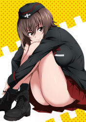 Rule 34 | 1girl, ankle boots, ass, black footwear, black hat, black jacket, black socks, boots, brown eyes, brown hair, closed mouth, commentary, cross-laced footwear, from side, garrison cap, girls und panzer, hat, highres, hugging own legs, insignia, jacket, kuromorimine military uniform, leaning forward, legs, long sleeves, looking at viewer, military, military hat, military uniform, miniskirt, nakahira guy, nishizumi maho, pleated skirt, polka dot, polka dot background, red skirt, short hair, sitting, skirt, smile, socks, solo, uniform