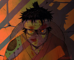 Rule 34 | 1boy, @ @, angry, artist name, bandaged head, bandages, black hair, blood, bloody bandages, covering own mouth, crazy eyes, feriowind, hat, hat on back, japanese clothes, kimono, looking at viewer, male focus, monkey d. luffy, one piece, orange eyes, shadow, short hair, solo, stone wall, straw hat, upper body, v-shaped eyebrows, wall
