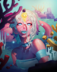 Rule 34 | 1girl, choker, colored skin, heart, heart-shaped pupils, highres, lips, mermaid, monster girl, no straight roads, pink skin, sayu (no straight roads), short hair, solo, symbol-shaped pupils, water