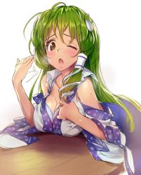 Rule 34 | 1girl, aqua bra, bare shoulders, blush, bra, breasts, cleavage, detached sleeves, fanning face, fanning self, frog hair ornament, green eyes, green hair, hair ornament, hair tubes, hot, kochiya sanae, large breasts, long hair, matching hair/eyes, matsuda (matsukichi), one eye closed, open mouth, simple background, snake hair ornament, solo, strap slip, table, touhou, underwear, upper body