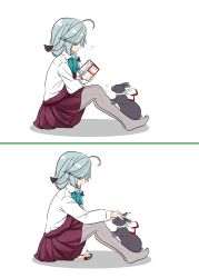 Rule 34 | 1girl, 2koma, ahoge, animalization, black ribbon, blue neckwear, book, bow, bowtie, braid, comic, commentary request, dress, from side, fujinami (kancolle), grey pantyhose, hair over eyes, hair over shoulder, hair ribbon, hamanami (kancolle), headpat, highres, kantai collection, long hair, long sleeves, mellmfs3, no shoes, pantyhose, pleated dress, purple dress, rabbit, ribbon, school uniform, seamed legwear, shirt, side-seamed legwear, silver hair, single braid, sitting, white shirt