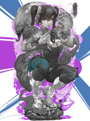 Rule 34 | 1girl, absurdres, artist logo, black hair, boots, bottle, breasts, capcom, chun-li, cleavage, cleavage cutout, clenched hand, clothing cutout, dragon, drinking straw, eastern dragon, hair between eyes, highres, lips, looking at viewer, object on breast, parkjinsuky, pink eyes, solo, squatting, street fighter, twintails, wrist cuffs