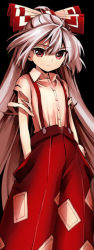 Rule 34 | 1girl, bow, expressionless, flat chest, fujiwara no mokou, hands in pockets, harukawa moe, long hair, official art, red eyes, silver hair, solo, suspenders, torn clothes, torn sleeves, touhou, urban legend in limbo