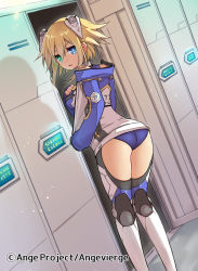 Rule 34 | 10s, 1girl, ange vierge, ass, blonde hair, blue eyes, breasts, bright pupils, dutch angle, from behind, green eyes, hair between eyes, headgear, heterochromia, jacket, leotard, leotard under clothes, locker room, looking at viewer, looking back, medium breasts, parted lips, ren-co, short hair, sleeves past wrists, solo, thighhighs, track jacket, undressing