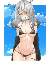 Rule 34 | 1girl, absurdres, alternate hair color, antlers, bikini, black bikini, branch, breasts, breasts apart, ceres fauna, choker, collarbone, contrapposto, cowboy shot, food, food in mouth, gluteal fold, hair over one eye, highres, hololive, hololive english, honon, horns, jacket, jacket partially removed, linea alba, looking at viewer, medium breasts, micro bikini, mole, mole under eye, mouth hold, multi-strapped bikini, navel, one eye closed, outside border, popsicle, sky, string bikini, swimsuit, thigh gap, virtual youtuber, yellow eyes