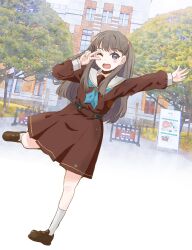 Rule 34 | 1girl, ;d, ankle socks, blue neckerchief, brown dress, brown footwear, brown hair, building, dress, dutch angle, fujishima megumi, full body, hasu no sora school uniform, highres, leg up, link! like! love live!, loafers, location request, long hair, long sleeves, looking at viewer, love live!, maruyo, medium dress, menu board, neckerchief, one eye closed, open mouth, outstretched arm, pleated dress, purple eyes, real world location, sailor collar, sailor dress, school uniform, shoes, smile, socks, solo, standing, standing on one leg, teeth, tree, two side up, upper teeth only, v, v over eye, virtual youtuber, white sailor collar, white socks, winter uniform