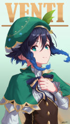 Rule 34 | 1boy, absurdres, androgynous, beret, black hair, blue hair, bow, braid, cape, character name, closed mouth, collared cape, collared shirt, commentary, corset, english commentary, english text, flower, frilled sleeves, frills, genshin impact, gradient hair, green eyes, green hat, hand on own chest, hat, hat flower, highres, leaf, long sleeves, looking at viewer, male focus, multicolored hair, ricardo contreras, shirt, short hair with long locks, simple background, smile, solo, twin braids, venti (genshin impact), white flower, white shirt