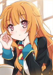 Rule 34 | 10s, 1girl, amatsuka mao, blazer, blurry, blush, brown eyes, head rest, cup, depth of field, gj-bu, hair flaps, hand on own face, head rest, headrest, highres, jacket, long hair, looking at viewer, mousou (mousou temporary), orange hair, school uniform, sketch, solo, teacup, window