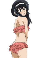 Rule 34 | 1girl, ass, back, bikini, black hair, brown eyes, commentary request, cowboy shot, frilled bikini, frills, from behind, girls und panzer, hair over shoulder, hairband, highres, long hair, looking at viewer, looking back, open mouth, pink bikini, reizei mako, simple background, smile, solo, strapless, strapless bikini, swimsuit, wakku kan, white background, white hairband