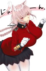 Rule 34 | 1girl, :o, animal ears, belt, black ribbon, black skirt, blonde hair, braid, breasts, buttons, cat ears, cat tail, commentary request, cowboy shot, epaulettes, fang, fate/grand order, fate (series), florence nightingale (fate), flying sweatdrops, folded ponytail, gloves, hair between eyes, hair ribbon, half-closed eyes, hands up, highres, kemonomimi mode, large breasts, long hair, long sleeves, looking at viewer, military, military uniform, onineko-chan, open mouth, pantyhose, paw pose, pink hair, pleated skirt, red eyes, ribbon, sidelocks, simple background, skirt, solo, tail, tsurime, twin braids, uniform, white background, white gloves, white pantyhose