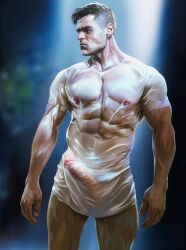 Rule 34 | 1boy, absurdres, bara, black hair, blurry, blurry background, bottomless, covered abs, covered erect nipples, erection, granit xhaka, highres, large pectorals, male focus, muscular, muscular male, original, pectorals, penis, qaisan, see-through, see-through shirt, shirt, short hair, solo, thighs, wet, wet clothes, wet shirt, white shirt