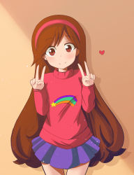 Rule 34 | 1girl, brown hair, double v, gravity falls, hairband, herrdeschaos, highres, long hair, mabel pines, skirt, solo, sweater, tagme, v