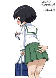 Rule 34 | 10s, 1girl, absurdres, ass grab, bag, black eyes, black hair, blouse, blunt bangs, blush, bob cut, chemical weapon, chikan, commentary, dated, disembodied hand, from behind, frown, girls und panzer, green skirt, grimace, highres, holding, kneepits, less-than-lethal weapon, long sleeves, looking at viewer, looking back, miniskirt, one-hour drawing challenge, ooarai school uniform, pepper spray, pleated skirt, school bag, school uniform, serafuku, shiina excel, shirt, short hair, simple background, skirt, sono midoriko, standing, sweatdrop, tearing up, twitter username, watermark, white background, white shirt