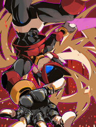 Rule 34 | 1boy, absurdres, armor, black bodysuit, blonde hair, bodysuit, boots, commentary request, energy sword, forehead jewel, helmet, highres, holding, holding sword, holding weapon, long hair, mega man (series), mega man zero (series), mega man zero 3, omega (mega man), omochi (mochi skymega), red eyes, red footwear, red headwear, solo, sword, upside-down, weapon, z saber