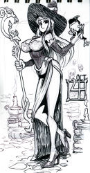 Rule 34 | 1girl, alex ahad, animal, animal on hand, bare shoulders, breasts, detached sleeves, dragon&#039;s crown, frog, full body, hat, highres, large breasts, long hair, long legs, marker (medium), side slit, solo, sorceress (dragon&#039;s crown), staff, standing, traditional media, witch hat