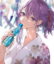 Rule 34 | 1girl, alternate costume, alternate hairstyle, bottle, breasts, commentary request, fate/stay night, fate (series), fingernails, floral print, hair between eyes, hair ribbon, highres, holding, holding bottle, japanese clothes, kimono, large breasts, lips, looking at viewer, matou sakura, parted lips, pink lips, ponytail, purple eyes, purple hair, red ribbon, ribbon, shimatori (sanyyyy), smile, solo, teeth, upper body, water bottle, white kimono, wind chime, yukata