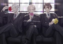 Rule 34 | 3boys, absurdres, anniversary, arm around neck, backlighting, brown hair, chromatic aberration, closed mouth, couch, crossed legs, flower, flower request, formal, grin, hair between eyes, highres, holding, holding flower, idol, idolish7, kujou tenn, long sleeves, looking at viewer, male focus, multiple boys, necktie, pink flower, red eyes, red flower, short hair, sitting, smile, striped neckwear, suit, trigger (idolish7), tsunashi ryuunosuke, unapoppo, white hair, window, yaotome gaku, yellow eyes, yellow flower