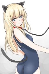 Rule 34 | 1girl, animal ears, bad id, bad pixiv id, blonde hair, cat ears, cat tail, collar, helma lennartz, highres, kento1102, leash, long hair, one-piece swimsuit, sad, school swimsuit, solo, strike witches, strike witches: suomus misfits squadron, swimsuit, tail, white background, world witches series