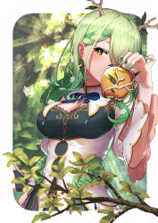Rule 34 | 1girl, absurdres, antlers, apple, arimoto wataru, blue necktie, braid, braided bangs, breasts, ceres fauna, cleavage, commentary request, cross, cross earrings, earrings, food, framed breasts, french braid, fruit, golden apple, green hair, hair over one eye, highres, holding, holding food, holding fruit, hololive, hololive english, horns, jewelry, long hair, medium breasts, mole, mole under eye, multicolored hair, necktie, sideways glance, single braid, solo, streaked hair, two-tone hair, upper body, virtual youtuber, wide sleeves, yellow eyes