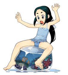 Rule 34 | 1girl, bare arms, bare legs, bare shoulders, barefoot, blue eyes, blue one-piece swimsuit, child, clownfish, commentary request, falling, feet, fish, flat chest, frilled swimsuit, frills, green hair, hair ribbon, hamada yoshikazu, hands up, highres, kukuri (tsugumomo), long hair, one-piece swimsuit, open mouth, parted bangs, ribbon, simple background, sitting, solo, starfish, striped clothes, striped one-piece swimsuit, sweatdrop, swimsuit, toenails, toes, tropical fish, tsugumomo, white background, white ribbon
