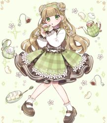 Rule 34 | 1girl, :o, blunt bangs, blush, braid, brown hair, center frills, cross-laced slit, cup, double bun, dress, flower, flower-trimmed dress, flower trim, food, fork, frilled socks, frills, fruit, green eyes, hair bun, hair flower, hair ornament, hairband, highres, holding, holding cup, knees together feet apart, kohaku aozora, layered dress, long hair, long sleeves, mary janes, neck ribbon, open mouth, original, pear, plaid, plaid dress, plate, ribbon, shoes, socks, solo, sparkle, sugar bowl, sugar cube, tea, teabag, teacup, teapot, twin braids, two side up, very long hair