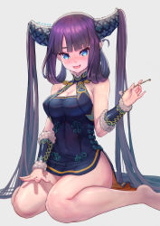 Rule 34 | 1girl, bare shoulders, barefoot, black dress, blue eyes, blunt bangs, blush, breasts, china dress, chinese clothes, cleavage, covered navel, detached sleeves, dress, fate/grand order, fate (series), hair ornament, highres, lap pillow invitation, large breasts, long hair, looking at viewer, mimikaki, open mouth, purple hair, sakumichi, sidelocks, sitting, smile, solo, thighs, twintails, very long hair, wariza, yang guifei (fate), yang guifei (second ascension) (fate)