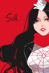 Rule 34 | 1girl, 417 ichi ku, animification, black hair, breasts, brown eyes, character name, chinese commentary, cindy moon, gloves, highres, long hair, marvel, medium breasts, parted bangs, parted lips, portrait, red background, silk (marvel), smile, solo, spider-man (series), spider web print, superhero costume, white gloves