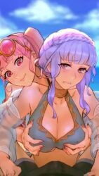 Rule 34 | 1boy, 2girls, alternate costume, animated, assisted paizuri, beach, berg-yb, bikini, bisexual female, blue bikini, blue hair, blue sky, breasts, breasts squeezed together, clothed female nude male, cum, cum on body, cum on breasts, cum on upper body, ejaculation, erection, eyewear on head, female collaborator, ffm threesome, fire emblem, fire emblem: three houses, fire emblem heroes, grabbing, grabbing another&#039;s breast, group sex, head out of frame, hetero, hilda valentine goneril, large breasts, live2d, looking at viewer, marianne von edmund, matching hair/eyes, moaning, multiple girls, nervous, nintendo, nipples, nude, ocean, official alternate costume, paizuri, penis, pink bikini, pink eyes, pink hair, pov, pov crotch, shy, sky, sound, sunglasses, sunglasses on head, swimsuit, threesome, unaligned breasts, uncensored, upper body, video