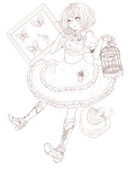 Rule 34 | 1girl, alice (alice in wonderland), alice in wonderland, birdcage, boots, bottle, bug, butterfly, cage, cork, dress, full body, hair ribbon, highres, bug, lineart, massuru, monochrome, parted lips, pin, princess royale, ribbon, short hair, solo, white background, white footwear