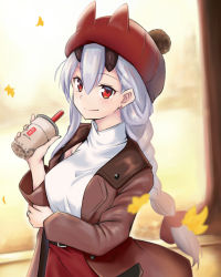 Rule 34 | 1girl, belt, black horns, braid, breasts, brown coat, bubble tea, coat, commentary request, cup, drinking straw, earrings, fate/grand order, fate (series), hair between eyes, hair ribbon, hat, highres, holding, holding cup, horns, horns through headwear, jewelry, large breasts, leaf, long hair, looking at viewer, maple leaf, oni horns, red eyes, red hat, red ribbon, red skirt, ribbon, ring, silver hair, single braid, single sidelock, skirt, smile, solo, stud earrings, sweater, tachi (mtd), tomoe gozen (fate), tree, turtleneck, turtleneck sweater, wedding band, white sweater