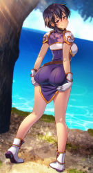 Rule 34 | 1girl, ass, ass focus, ass grab, assertive female, black hair, blush, breasts, cliff, commission, commissioner upload, fire emblem, fire emblem: genealogy of the holy war, half-closed eyes, highres, kagato007, larcei (fire emblem), looking at viewer, looking back, nintendo, short hair, smile, solo, tree, water