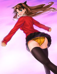 Rule 34 | 00s, 1girl, animal print, ass, black hair, black thighhighs, blue eyes, brown hair, clothes lift, fate/stay night, fate (series), fura, hair ribbon, happy, highres, long hair, looking back, open mouth, panties, ribbon, simple background, skirt, skirt lift, solo, thighhighs, tiger print, tohsaka rin, two side up, underwear, upskirt