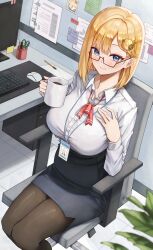 Rule 34 | 1girl, absurdres, black-framed eyewear, black pantyhose, black skirt, blonde hair, blue eyes, blush, breasts, coffee mug, collared shirt, commentary, commentary request, cup, english commentary, glasses, hand on own chest, highres, holding, holding cup, hololive, hololive english, id card, keyboard (computer), large breasts, medium hair, mixed-language commentary, monitor, mug, nannachu7, pantyhose, plant, potted plant, shirt, skirt, smile, smol ame, solo, virtual youtuber, watson amelia