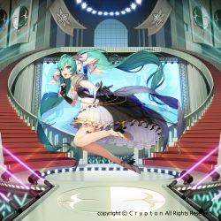 Rule 34 | 1girl, aqua eyes, aqua hair, bad id, bad pixiv id, banner, concert, dress, elbow gloves, flag, floating hair, foreshortening, from side, full body, gloves, glowstick, green hair, hatsune miku, high heels, highres, indoors, laser, long hair, mamima, official art, open mouth, outstretched arm, solo, stage, stairs, twintails, very long hair, vocaloid