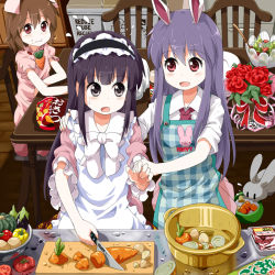 Rule 34 | 3girls, :t, animal ears, apron, arm grab, bell pepper, bow, bowl, brown hair, carnation, carrot, chair, chips (food), cooking, counter, cutting board, dress, eating, eggplant, female focus, flower, flower pot, food, grey eyes, hairband, hand on shoulder, headdress, houraisan kaguya, inaba tewi, jewelry, kitchen, knife, long hair, maid headdress, meat, multiple girls, necklace, onion, open mouth, pepper, peppers, pink dress, potato, potato chips, purple hair, rabbit, rabbit ears, red eyes, reisen udongein inaba, ribbon, ruu (tksymkw), salad, shirt, short hair, sitting, skirt, sleeves rolled up, smile, table, touhou, vegetable, | |