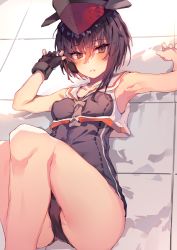 Rule 34 | 1girl, armpits, asymmetrical hair, black hair, black one-piece swimsuit, brown eyes, crop top, feet out of frame, framed breasts, gloves, hair between eyes, headphones, highres, i-13 (kancolle), kantai collection, lying, one-piece swimsuit, partially fingerless gloves, sailor collar, school swimsuit, short hair, single glove, solo, soukou makura, swimsuit, tsurime