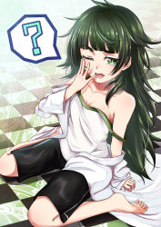 Rule 34 | 1girl, ?, absurdres, bare legs, barefoot, black shorts, breasts, checkered floor, cleavage, collarbone, full body, green eyes, green hair, hand to own mouth, highres, hiyajou maho, lab coat, long hair, looking at viewer, messy hair, off shoulder, one eye closed, open mouth, rairaisuruyo, shorts, sitting, sleepy, small breasts, solo, spoken question mark, steins;gate, steins;gate 0, strap slip, tank top, tears, wariza, yawning