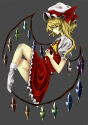 Rule 34 | 1girl, absurdres, apple, ascot, blonde hair, dokumannju, eyelashes, fingernails, flandre scarlet, food, fruit, grey background, hat, hat ribbon, highres, knees up, looking at viewer, mob cap, nail polish, no shoes, parted lips, profile, puffy short sleeves, puffy sleeves, red eyes, ribbon, sharp fingernails, short hair, short sleeves, side ponytail, sideways glance, simple background, skirt, skirt set, socks, solo, touhou, wings