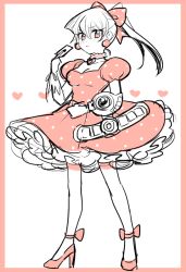 Rule 34 | 1girl, blush, border, breasts, card, cleavage, collar, collarbone, dress, duel disk, earrings, frilled dress, frills, full body, hair between eyes, heart, high heels, holding, holding card, jewelry, long hair, looking at viewer, mommorua, monochrome, pink border, pink dress, ponytail, puffy short sleeves, puffy sleeves, red eyes, red footwear, short sleeves, solo, standing, tenjouin asuka, white background, yu-gi-oh!, yu-gi-oh! gx