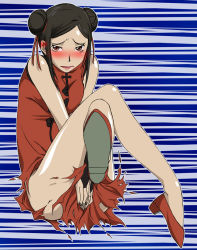 Rule 34 | 00s, blush, china dress, chinese clothes, darker than black, double bun, dress, eisbahnx, kirihara misaki, legs, red footwear, red theme, shoes, thighs, torn clothes, wardrobe malfunction