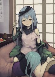 Rule 34 | 2girls, aqua hair, beret, black hat, black shorts, clothing cutout, coat, commentary request, cup, food, from behind, g11 (girls&#039; frontline), girls&#039; frontline, green jacket, grey hair, hat, highres, hk416 (girls&#039; frontline), holding, holding cup, jacket, lap pillow, long hair, looking at another, lying, lying on lap, messy hair, multiple girls, off shoulder, open clothes, open coat, open mouth, scarf on head, shorts, shoulder cutout, sitting, smile, suginakara (user ehfp8355, sushi