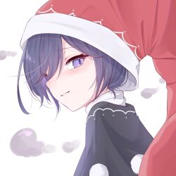 Rule 34 | 1girl, black capelet, capelet, doremy sweet, eyelashes, hat, highres, light blush, lone nape hair, looking at viewer, mizore arius, nightcap, pom pom (clothes), purple eyes, purple hair, red hat, simple background, smile, solo, touhou, turtleneck, upper body, white background