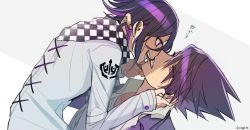 Rule 34 | 2boys, artist name, checkered clothes, checkered neckwear, checkered scarf, clenched teeth, collared shirt, commentary request, danganronpa (series), danganronpa v3: killing harmony, facial hair, from side, grin, jacket, long sleeves, looking at another, male focus, momota kaito, multicolored hair, multiple boys, nagi to (kennkenn), oma kokichi, open mouth, purple eyes, purple hair, scarf, shirt, smile, spiked hair, straitjacket, teeth, upper body, white jacket, white shirt, yaoi