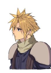 Rule 34 | 1boy, ah yoshimizu, armor, blonde hair, blue eyes, blue shirt, cloud strife, commentary request, crisis core final fantasy vii, cropped torso, earrings, facing to the side, final fantasy, final fantasy vii, green scarf, jewelry, male focus, pauldrons, scarf, shinra infantry uniform, shirt, shoulder armor, simple background, solo, spiked hair, stud earrings, suspenders, upper body, white background