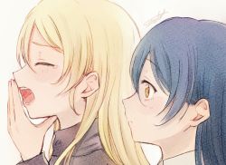 Rule 34 | 2girls, artist name, ayase eli, blonde hair, closed eyes, grey sweater, hand up, long hair, long sleeves, love live!, love live! school idol project, multiple girls, sonoda umi, suito, sweater, turtleneck, turtleneck sweater, yawning, yellow eyes