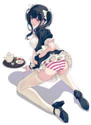 Rule 34 | 40hara, apron, ass, black hair, bow, commentary request, cup, disgust, dress, hair bow, high heels, highres, kneeling, maid, maid apron, mary janes, original, panties, purple eyes, shoe soles, shoes, solo, strappy heels, striped clothes, striped panties, teacup, teapot, thighhighs, tray, twintails, underwear, white thighhighs