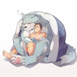 Rule 34 | 2boys, blanket, blue fur, brown hair, closed eyes, couple, cuddling, furry, furry male, grin, highres, male focus, multiple boys, muscular, muscular male, nude, simple background, smile, white background