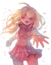Rule 34 | 1girl, ahoge, akamatsu kaede, bad id, bad pixiv id, blonde hair, closed eyes, commentary request, crying, danganronpa (series), danganronpa v3: killing harmony, fortissimo, hair ornament, highres, long hair, long sleeves, manino (mofuritaionaka), musical note, musical note hair ornament, musical note print, open mouth, outstretched arm, petals, pleated skirt, print skirt, reaching, reaching towards viewer, shirt, signature, skirt, smile, solo, staff (music), sweater vest, tears, white background, white shirt
